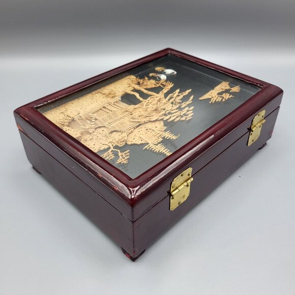 Vintage Chinese Hand Carved Cork Diorama Jewelry Box Red Lining Wood Box SEE - Picture 13 of 16